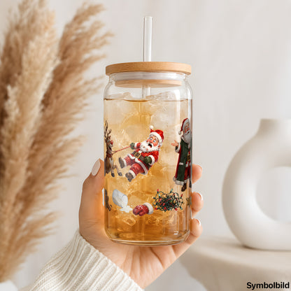 Becher-Aufkleber „Weihnachtsmann-Clipart mit Rentier“ auf einem 16oz Glasbecher