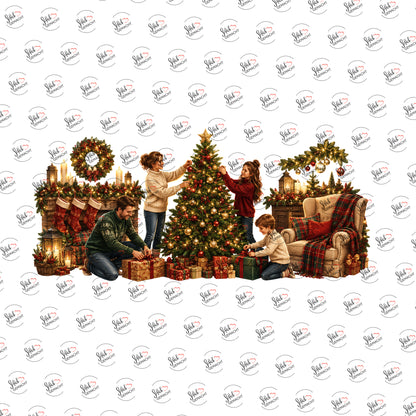 Familie schmückt den Weihnachtsbaum als Rub-on-Sticker, einzeln