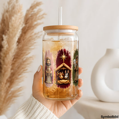 Becher-Aufkleber „Weihnachtskrippe in Streifen“ auf einem 16oz Glasbecher