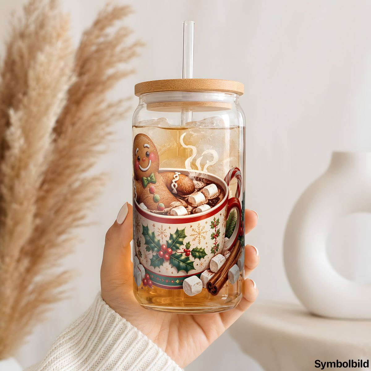 Becher-Aufkleber „Lebkuchenmann in der Kakaotasse“ auf einem 16oz Glasbecher