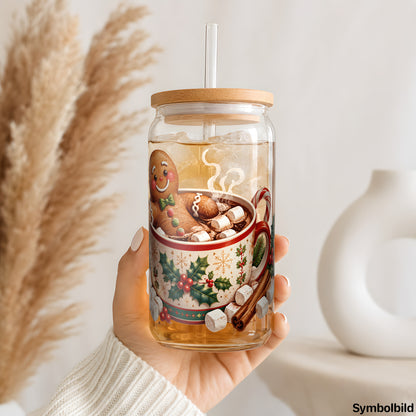 Becher-Aufkleber „Lebkuchenmann in der Kakaotasse“ auf einem 16oz Glasbecher