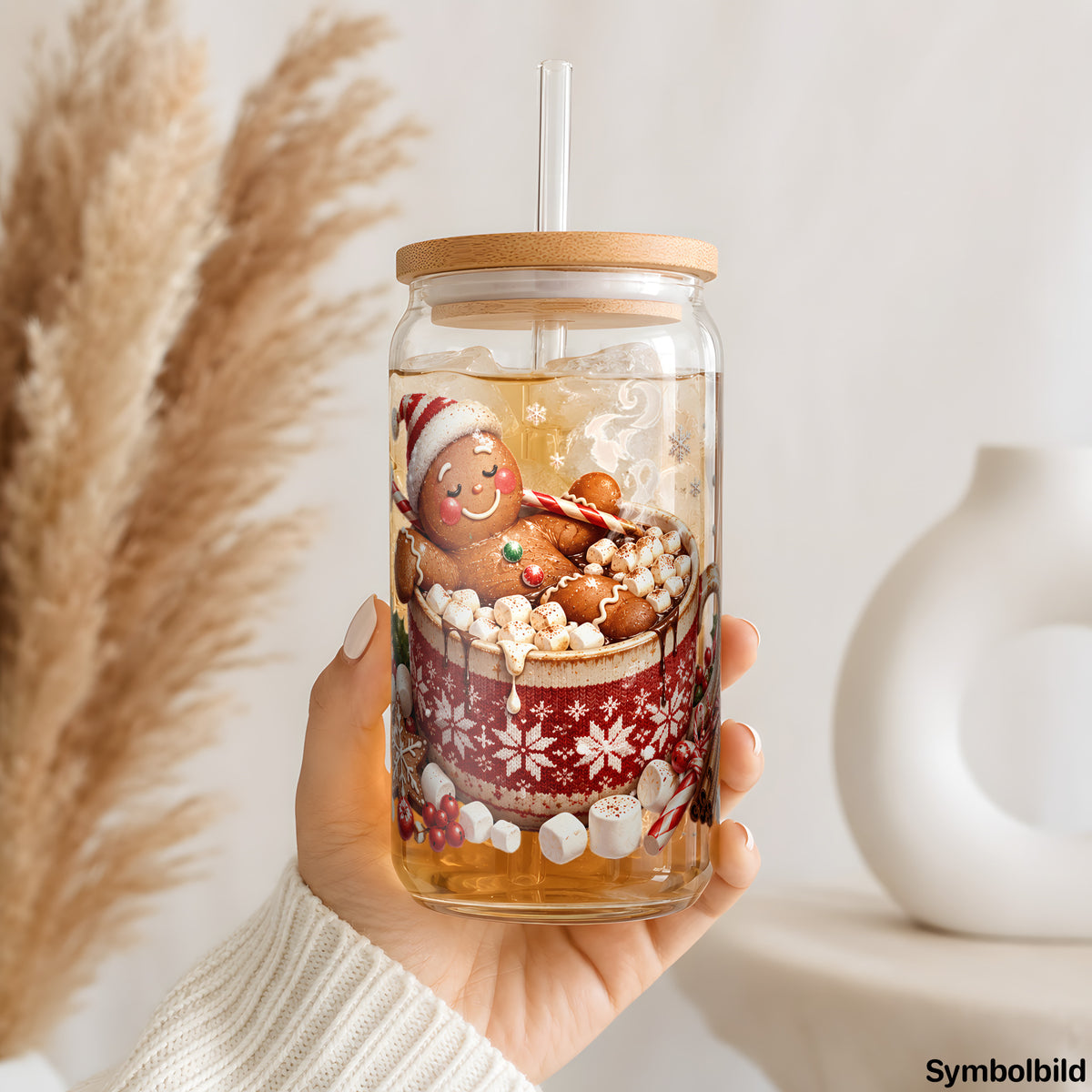 Becher-Aufkleber „Lebkuchenmann im Kakaobad“ auf einem 16oz Glasbecher