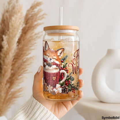 Becher-Aufkleber „Fuchs in der Tasse: Frohe Weihnachten“ auf einem 16oz Glasbecher