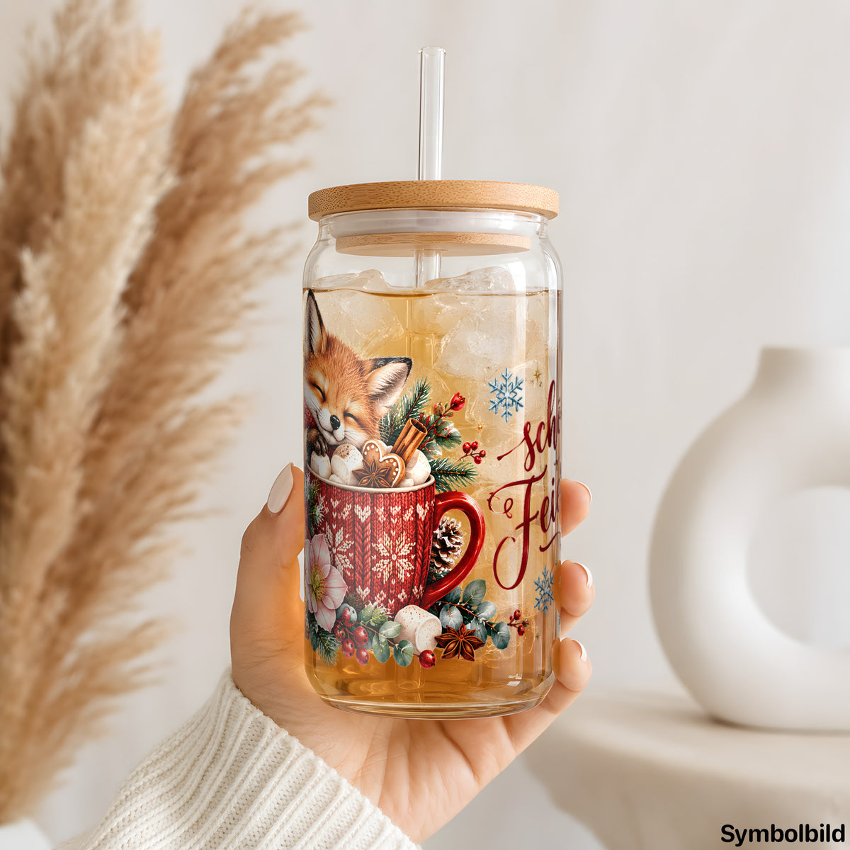 Becher-Aufkleber „Fuchs in der Tasse: schöne Feiertage“ auf einem 16oz Glasbecher