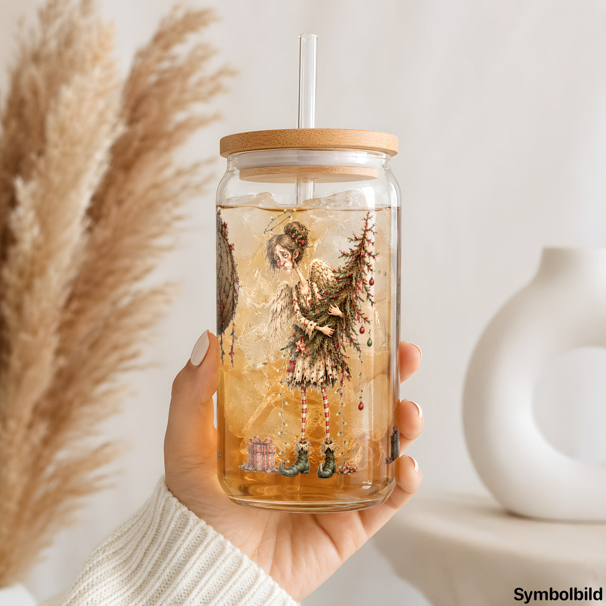 Becher-Aufkleber „Zerzauste Weihnachtsengel“ auf einem 16oz Glasbecher