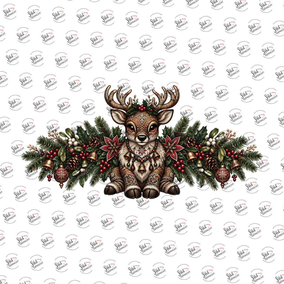 Ornament-Rentier mit Weihnachtsgirlande als Rub-on-Sticker, einzeln