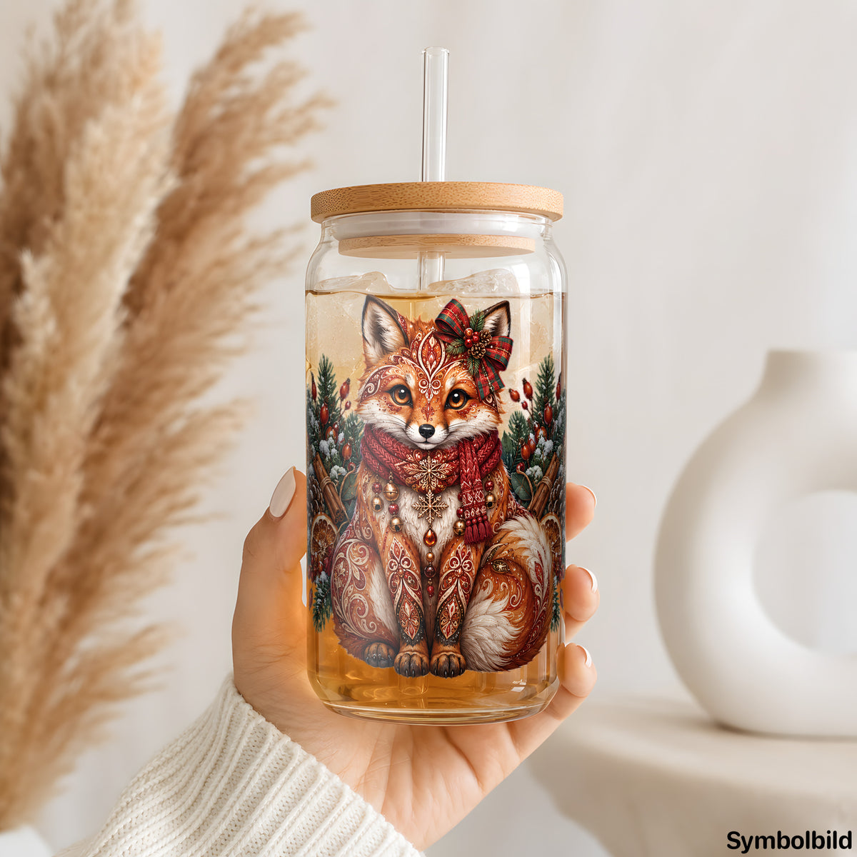Becher-Aufkleber „Ornament-Fuchs mit Orangenscheiben“ auf einem 16oz Glasbecher
