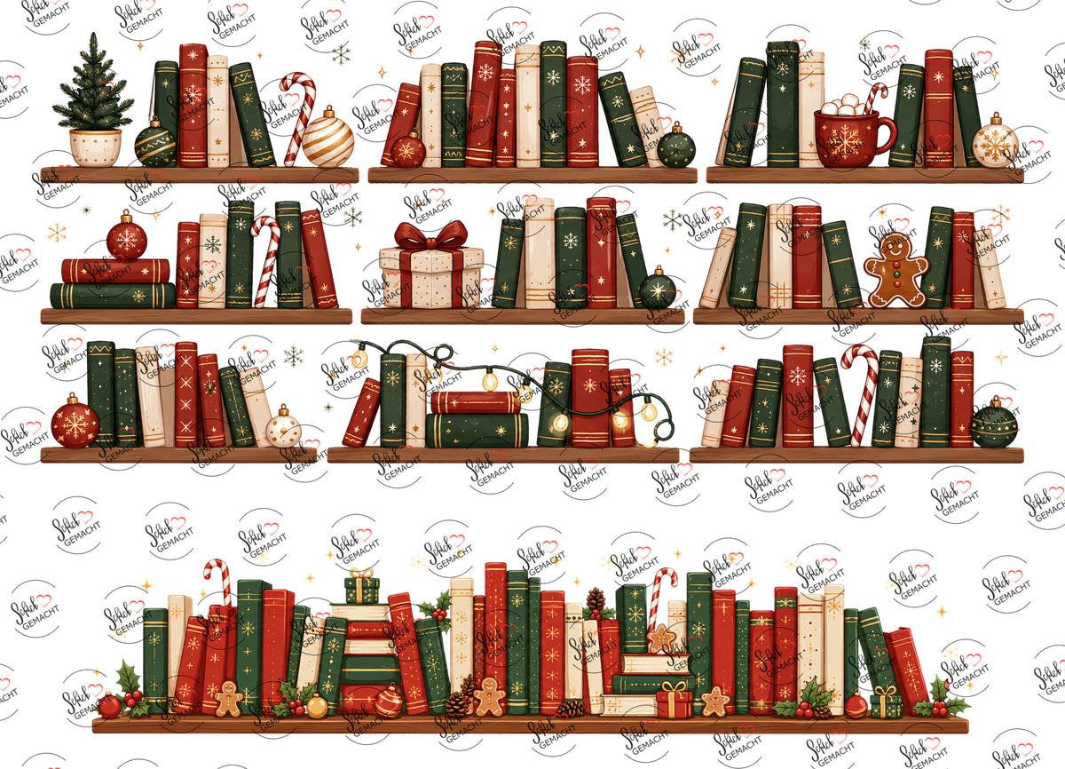 Weihnachtliches Bücherregal mit Lebkuchen – beide Teile des UV-DTF Stickers