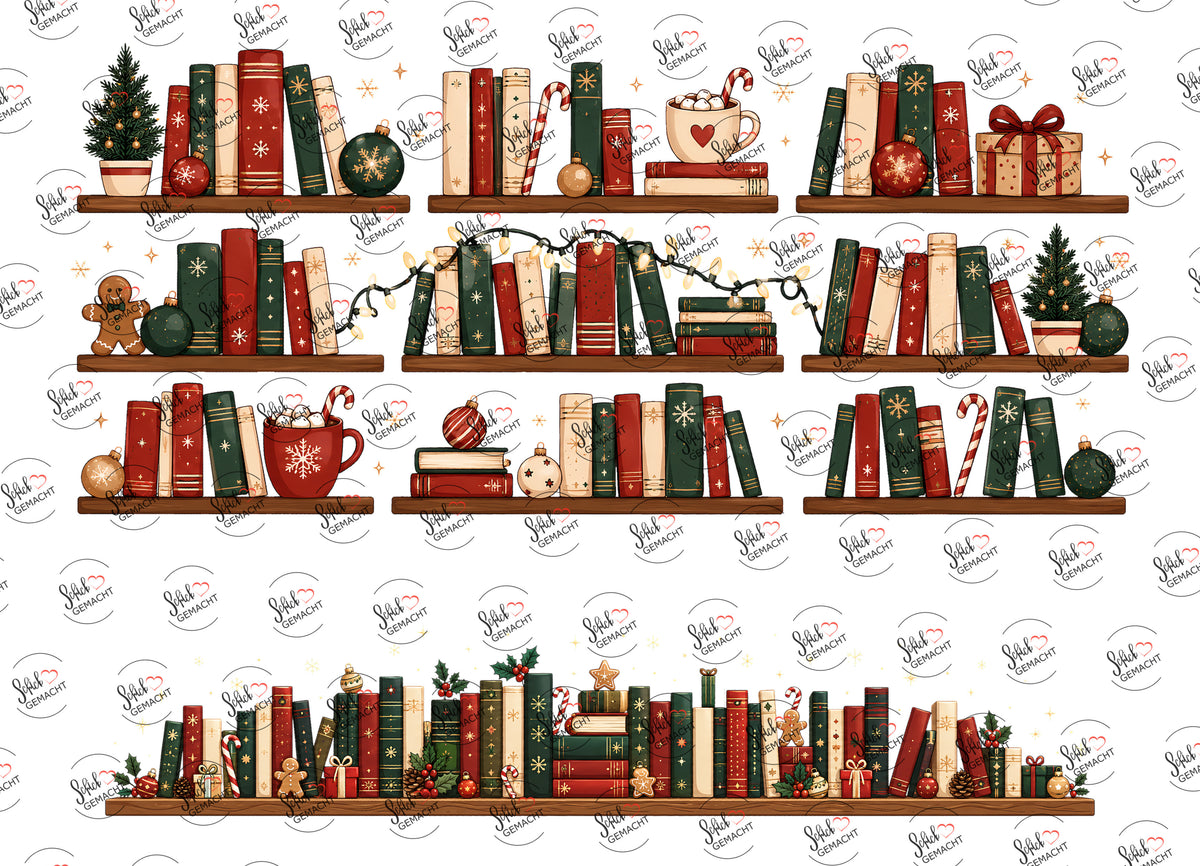Weihnachtliches Bücherregal mit Kakao – beide Teile des UV-DTF Stickers