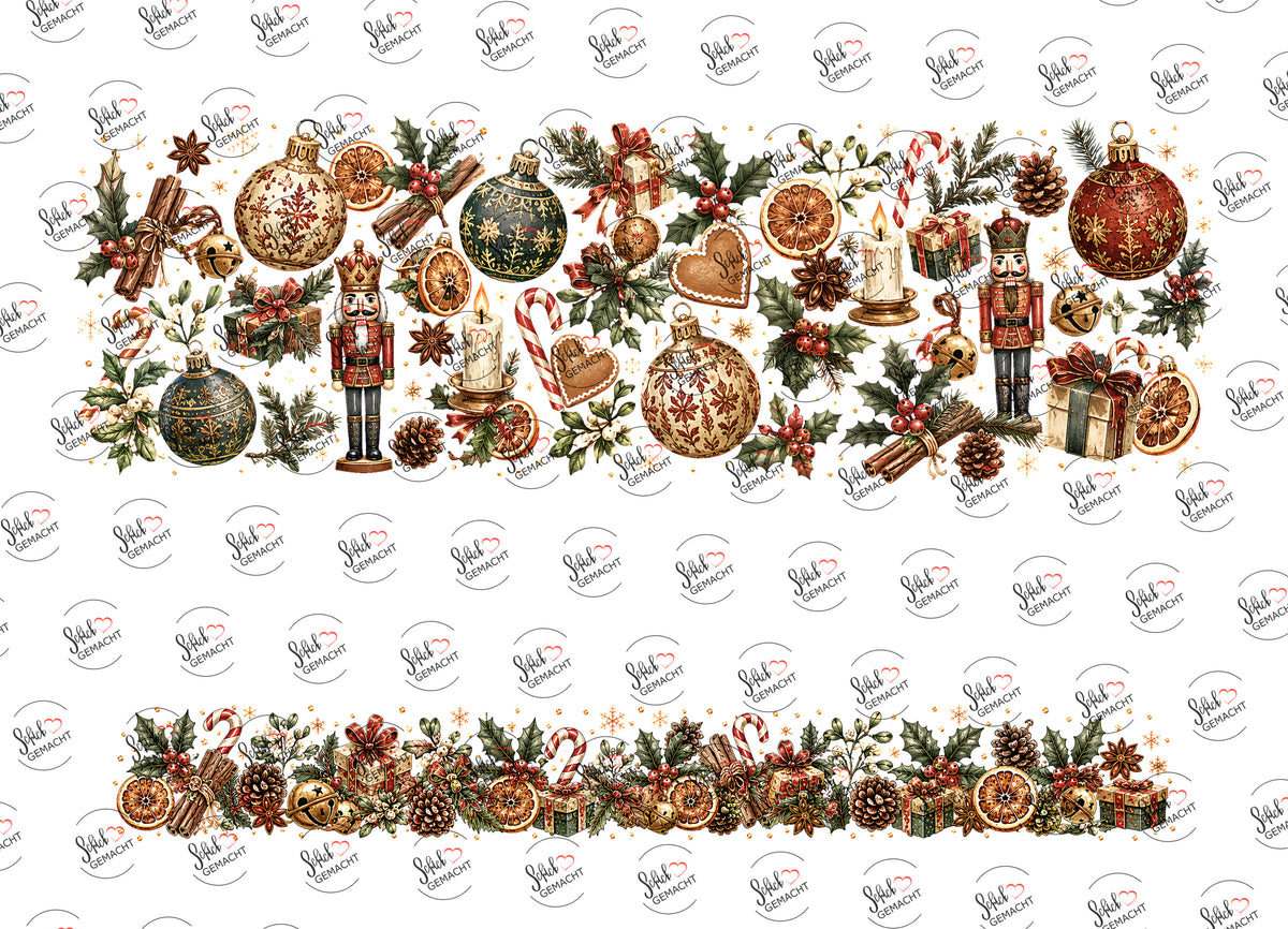 Nussknacker und Christbaumkugeln – beide Teile des UV-DTF Stickers