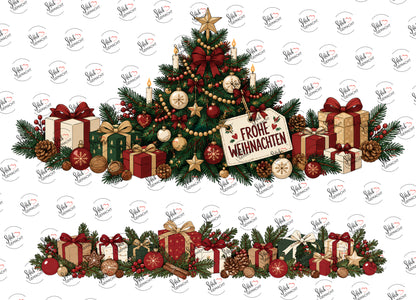 Frohe Weihnachten: Tannenbaum mit Geschenken – beide Teile des UV-DTF Stickers