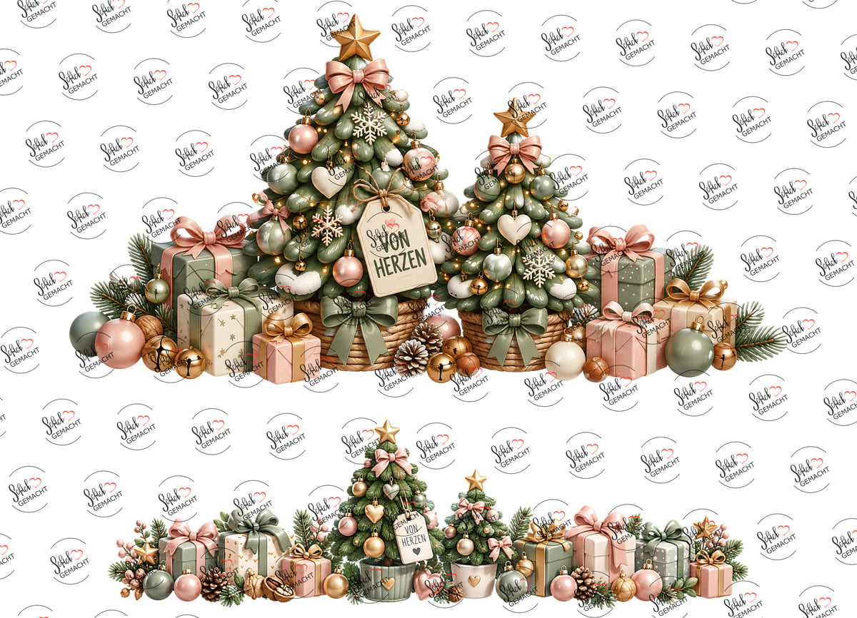 Von Herzen: Pastell-Weihnachtsbäume – beide Teile des UV-DTF Stickers