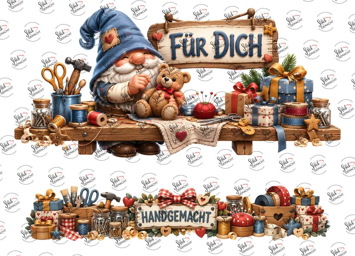 Für dich: Wichtel mit Teddy – beide Teile des UV-DTF Stickers