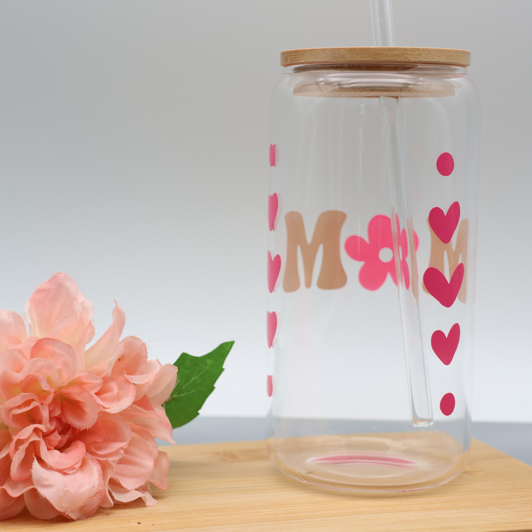 Mom | Trinkglas 500 ml | Strohhalm + Deckel